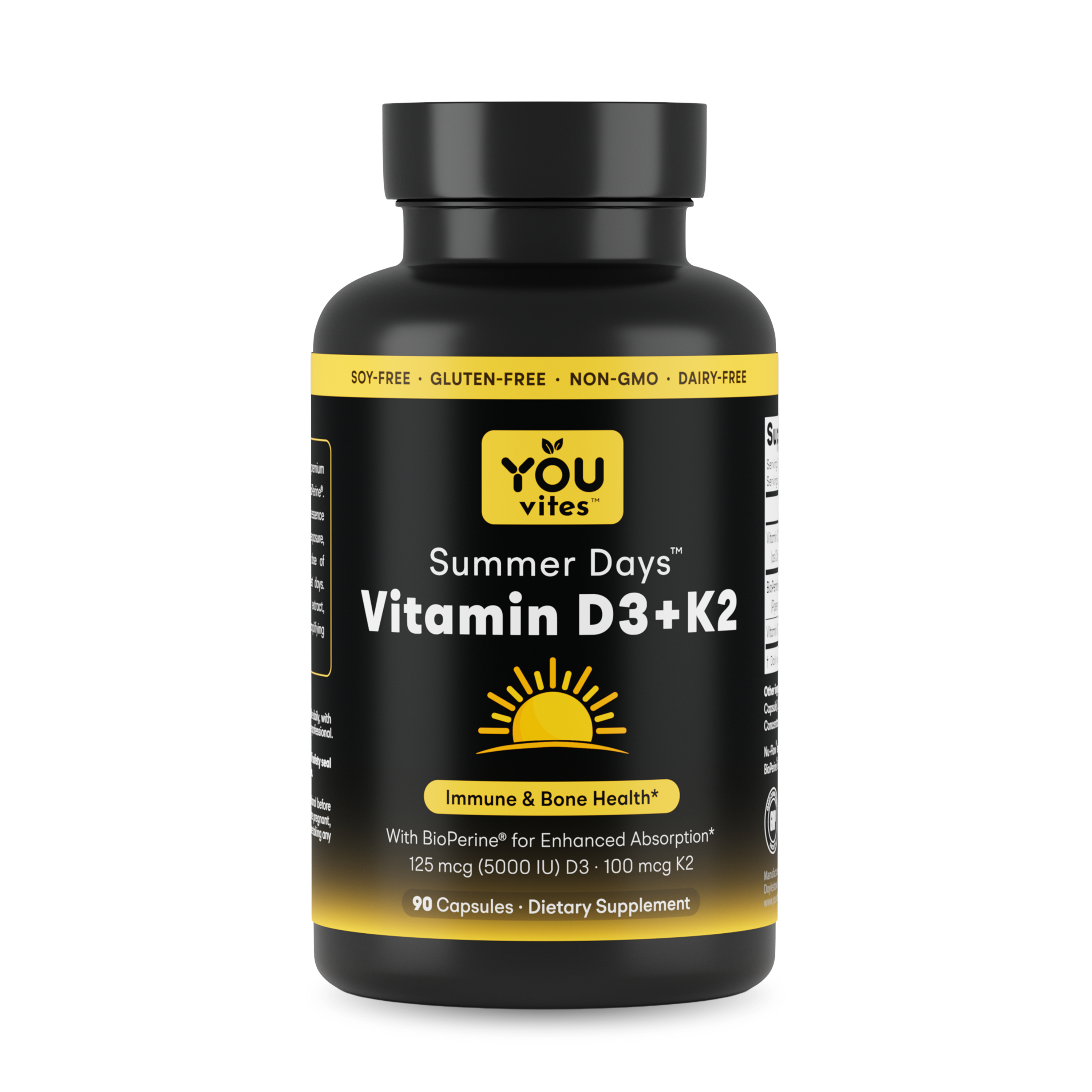 You Vites Summer Days - Vitamin D3+K2 - 5000 IU D3 & 100 mcg K2 MK-7, with BioPerine - 90 Capsules