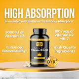 You Vites Summer Days - Vitamin D3+K2 - 5000 IU D3 & 100 mcg K2 MK-7, with BioPerine - 90 Capsules